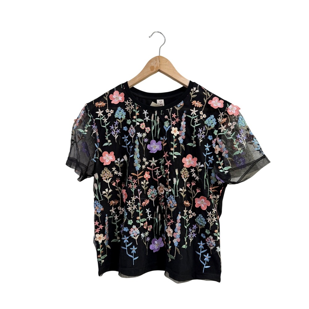 Anthropologie Dolan Left Coast Black Floral Embroidered Mesh Short Sleeve Top M